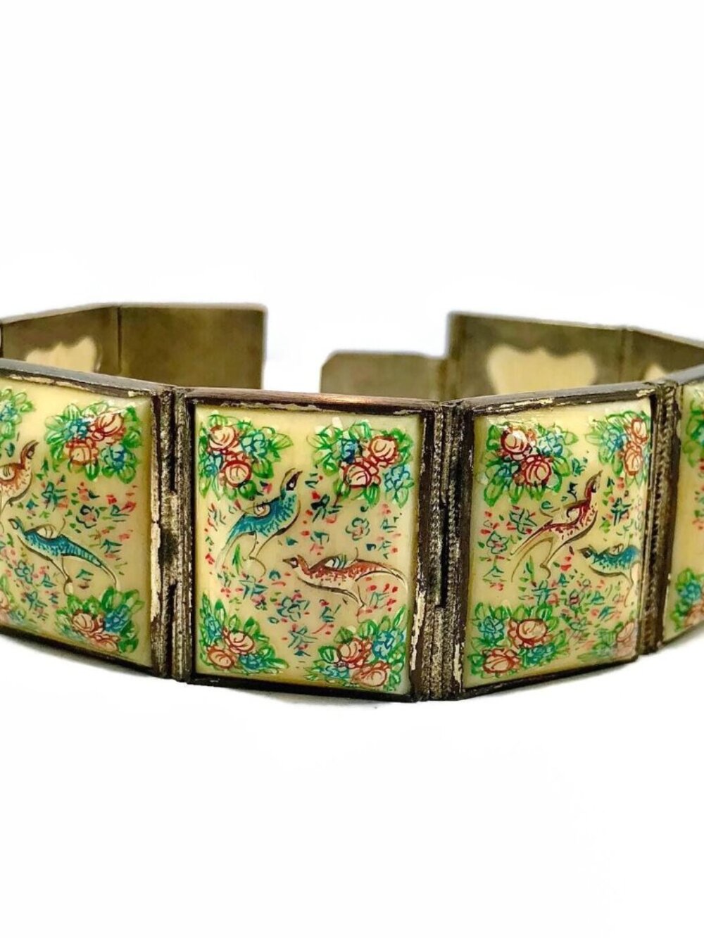 Vintage Persian Bracelet:  Birds Storyteller Panel Bracelet Hand Painted Bone